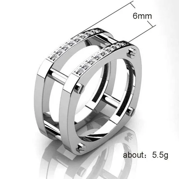 😍Square Glitter Zircon Double Layer Silver Plated Ring for Men, L187 - Picture 3 of 8